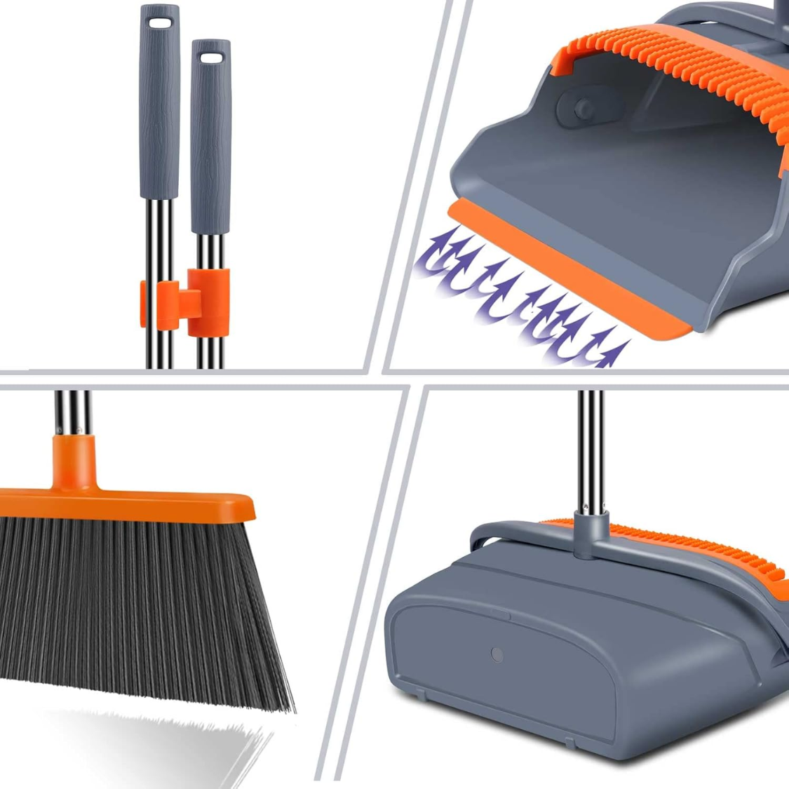 Upgrade Broom And Dustpan Set, Self-Cleaning With Dustpan Teeth, Indoor&Outdoor Sweeping, Ideal For Dog Cat Pets Home Use, Stand Up Broom And Dustpan Gray&Orange — foto 7