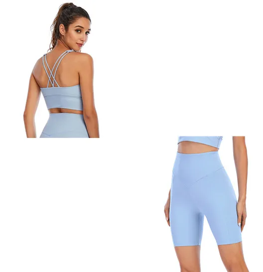 New Net Celebrity Yoga Women's Five point Pants Stretch Tight Light Blue Suit - Shop at LoveMi