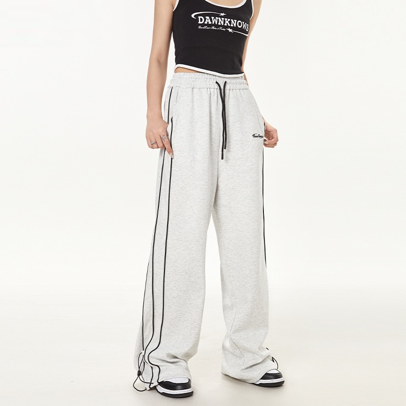 Simple Striped Ankle-tied Casual Pants Sports Straight Trousers College Style