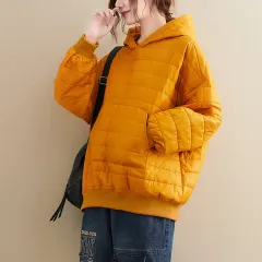 Winter New All-match Preppy Style Solid Color Hooded Loose Long-sleeved Cotton Jacket Jacket Women - Yellow - View 1