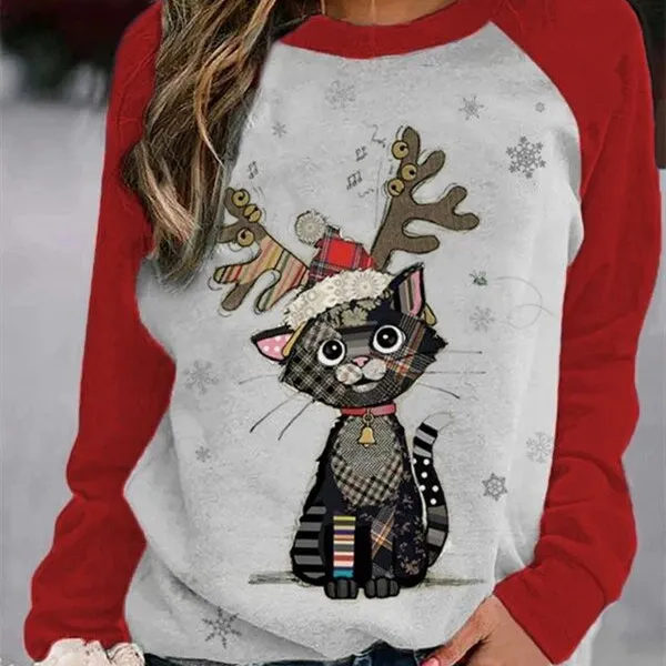 Christmas Print Crewneck Matching Color Long Sleeves Cat - Shop at LoveMi