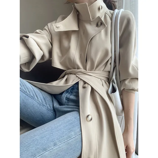 Windbreaker Women's Autumn New Style Single breasted Temperament Waist Mid length Coat Jacket Khaki - Shop at LoveMi