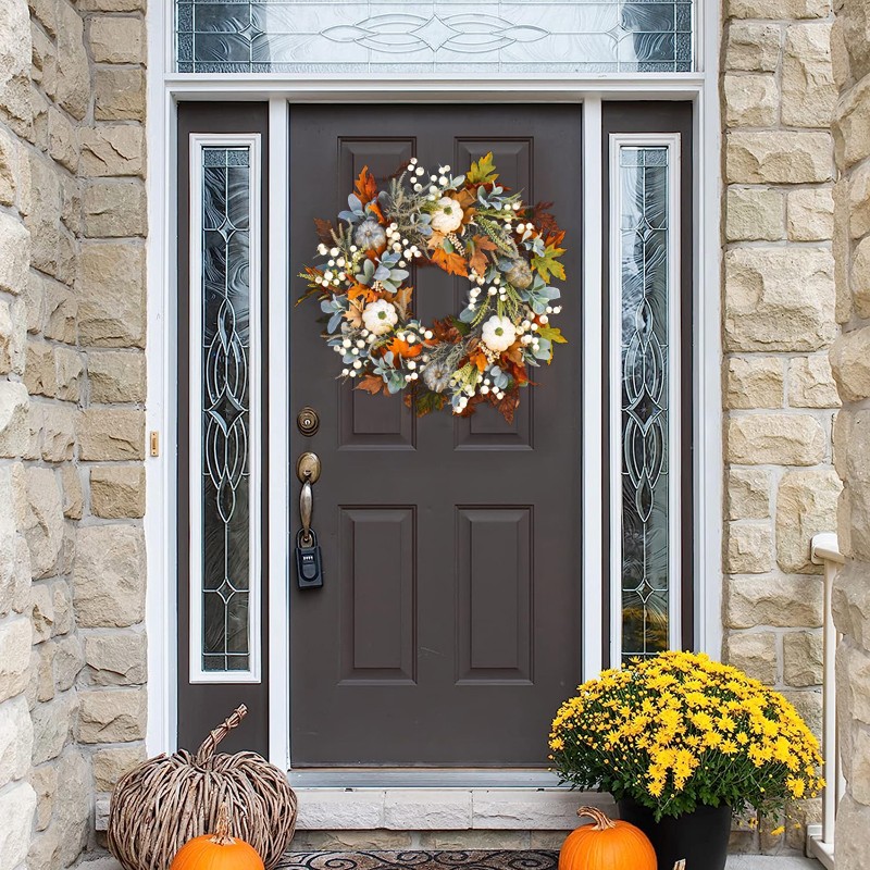 45CM Artificial Wreath Garland Fall Maple Leaf Pumpkin Door