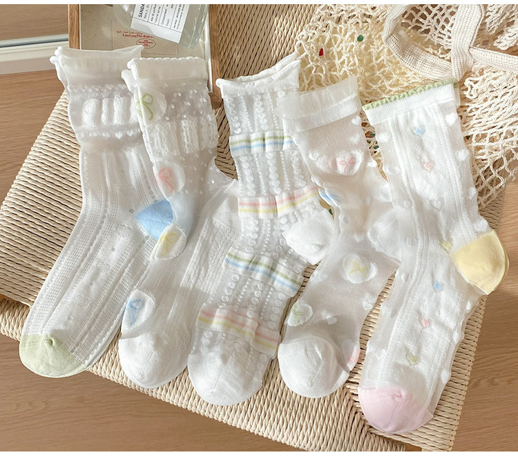 Glass StockingsSpring And Summer Breathable Mid-Calf Socks With Glass Fiber Flower Trim
