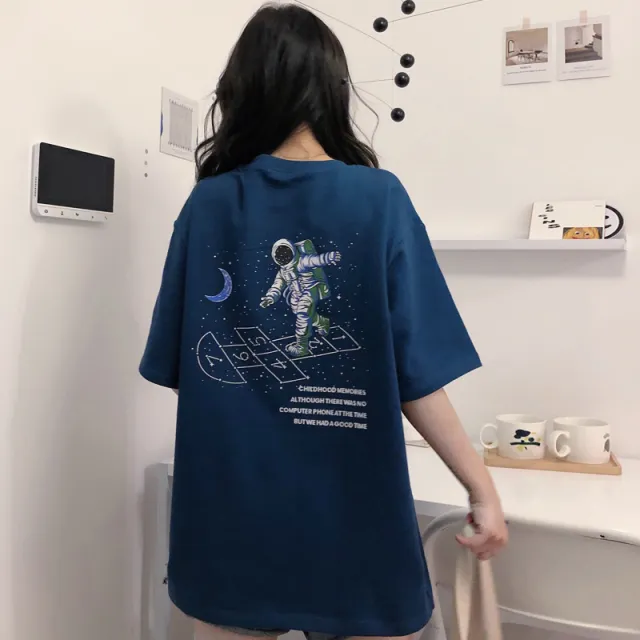 Short sleeved T shirt Women Foreign Style Navy Blue - Shop at LoveMi