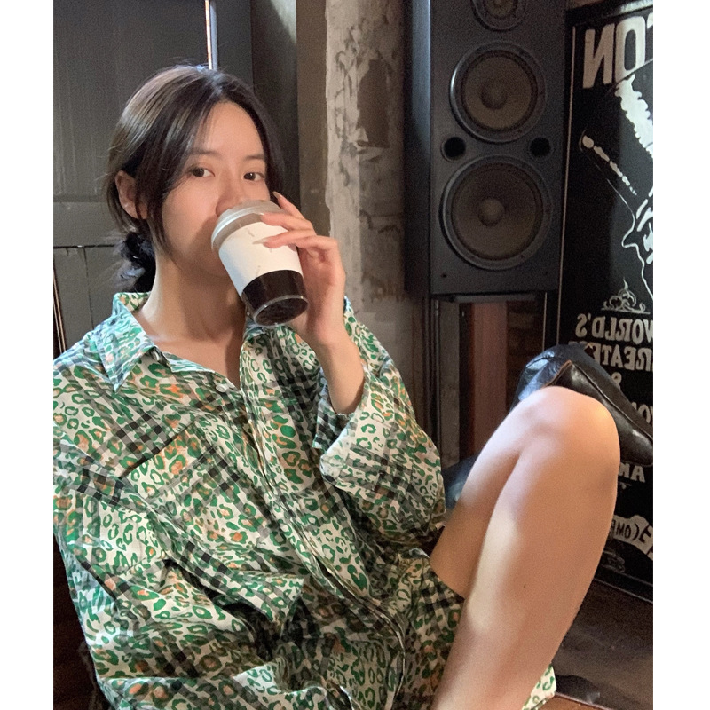 Green Leopard Print Long-sleeved Shirt Women Summer Thin Section