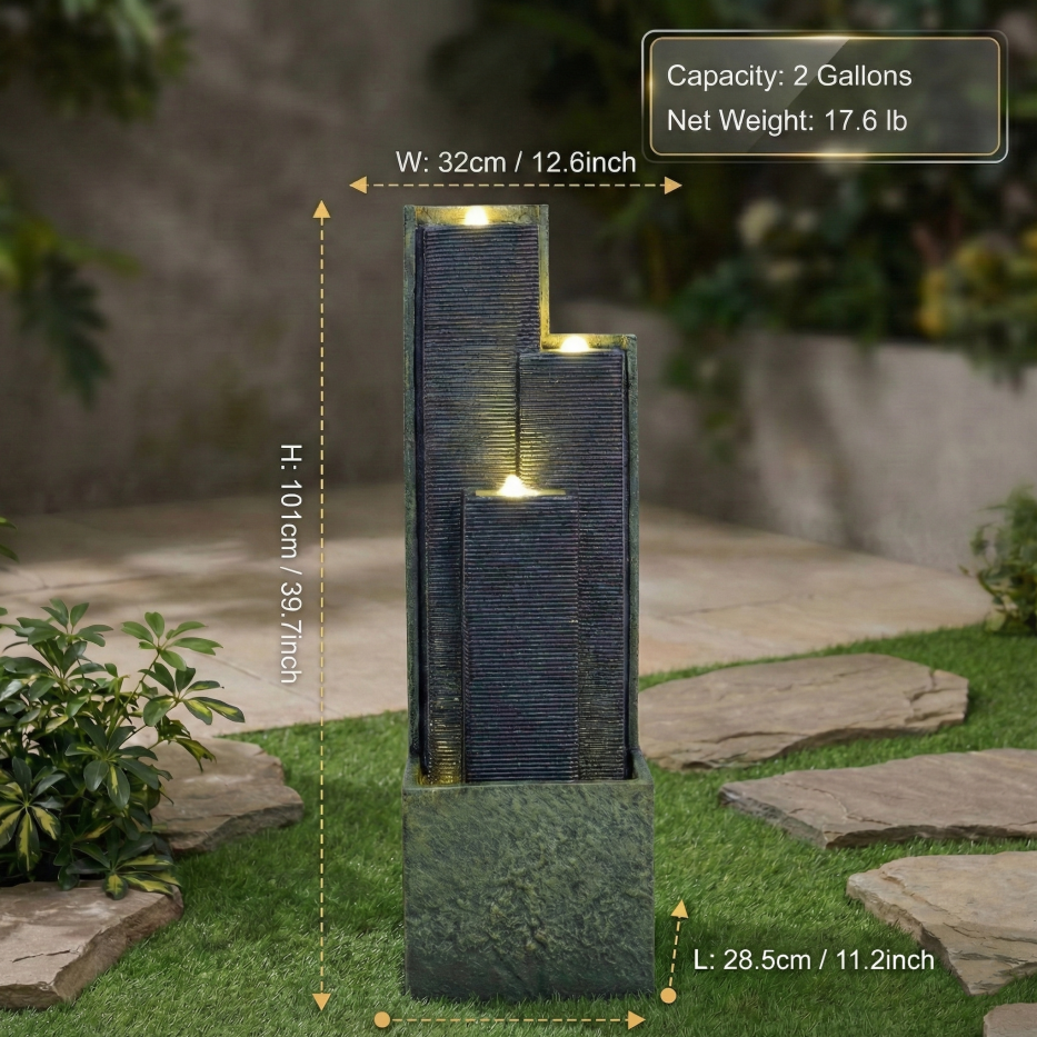 39inch H Outdoor Water Fountain Modern Cascading Freestanding Fountain With LED Lights For Garden Patio Porch Lawn Decor — foto 2