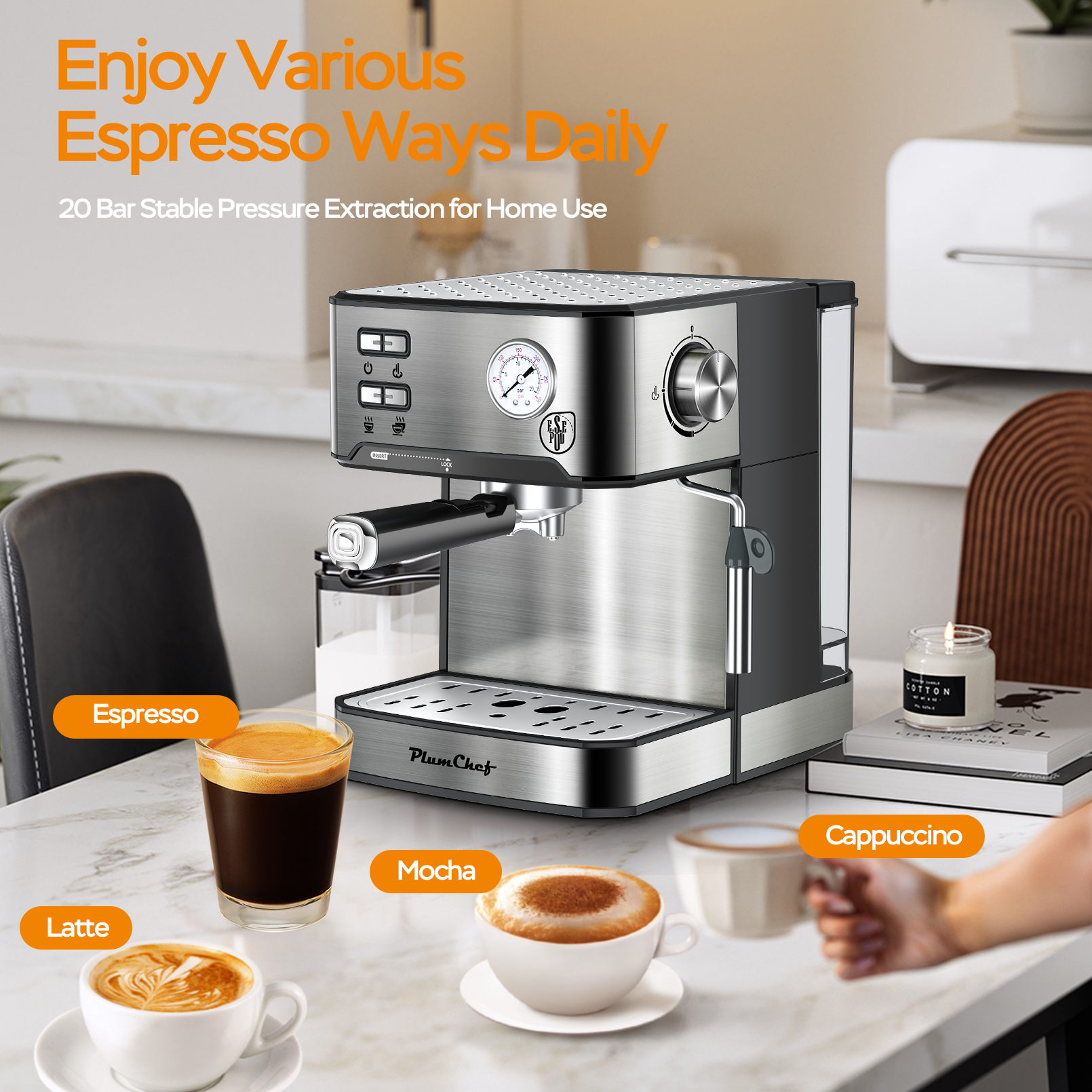 20 Bar Professional Espresso Machine With Milk Frother, Single Double Shot, ESE Pod Compatible, Visual Display Of Pressure, Removable Water Tank For Cappuccino, Latte, Machiato For Home Barista — foto 8