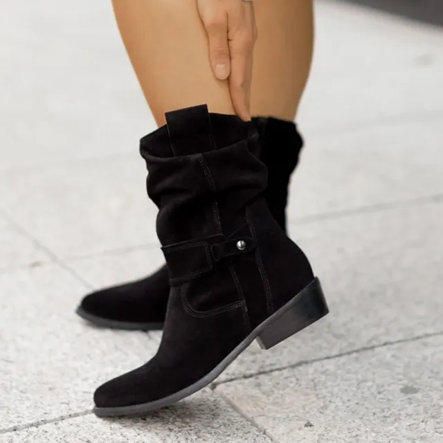 Ins Pointed Toe Mid calf Boots Fashion Suede Zipper Western Boot Winter Shoes For Women Black - Shop at LoveMi