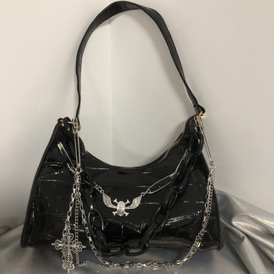 Skull Chain Underarm Bag Cross Crocodile Print Dark Hand Bill Of Lading Shoulder Bag Black - Shop at LoveMi