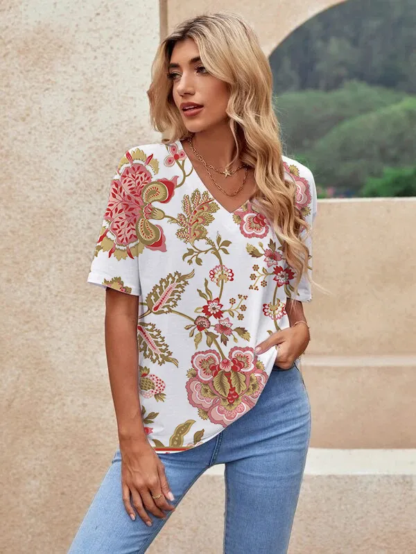 Printed Short Sleeve Urban Loose Casual Women's V Neck T Shirt 201Color M - Shop at LoveMi