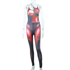 Printed Diagonal Neck Sleeveless Cutout Skinny Stretch Hip Lift Sports Sling Jumpsuit - Black Red - View 1