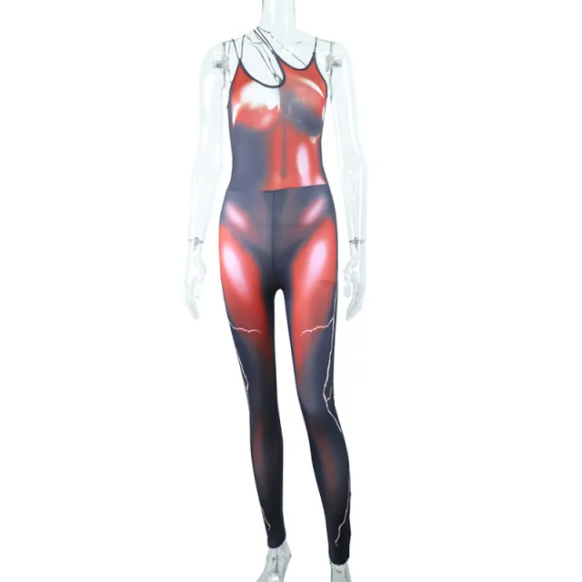 Printed Diagonal Neck Sleeveless Cutout Skinny Stretch Hip Lift Sports Sling Jumpsuit Black Red - Shop at LoveMi