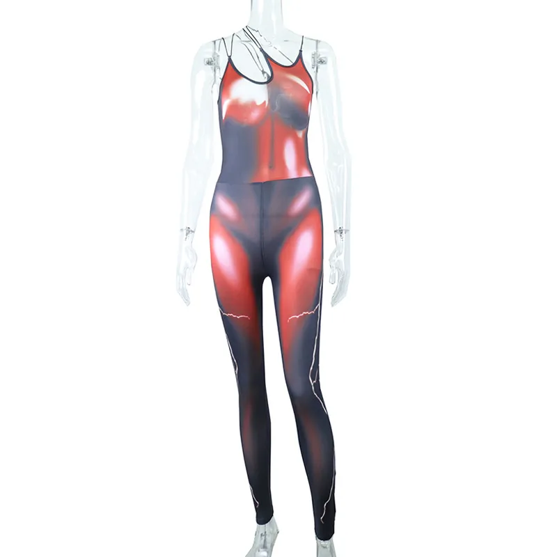 Printed Diagonal Neck Sleeveless Cutout Skinny Stretch Hip Lift Sports Sling Jumpsuit - Black Red