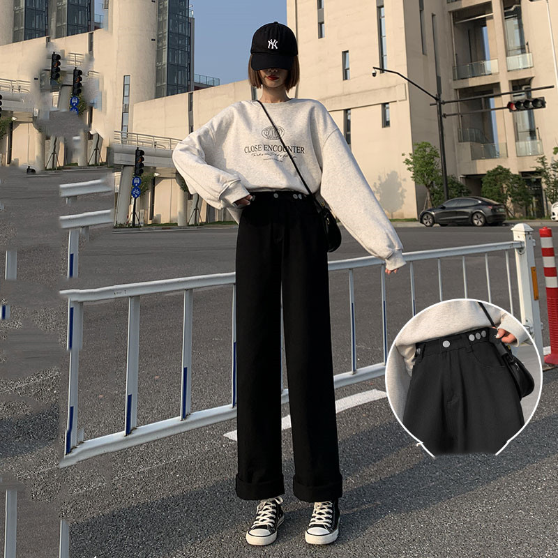 Loose Straight Spring And Autumn Thin High Waist Drape Wide Leg Jeans Black - Shop at LoveMi