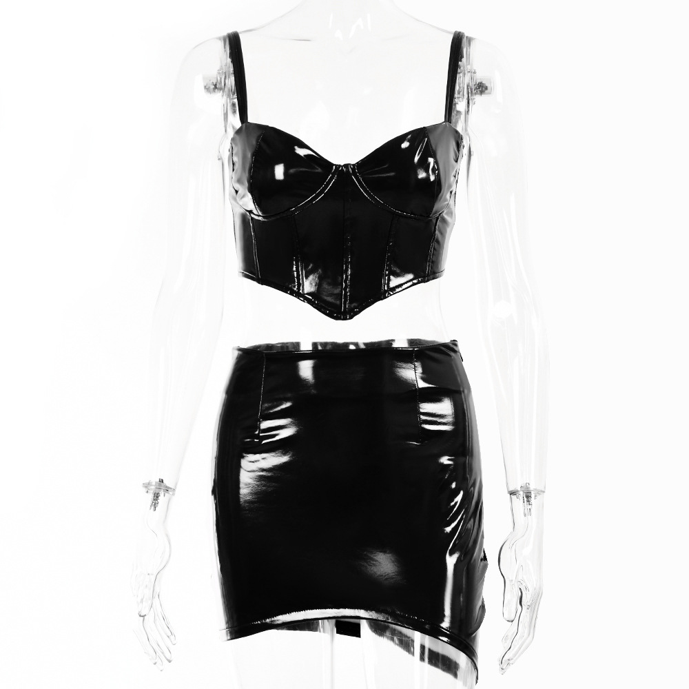 Women's Leather Camisole High Waist Skirt Suit