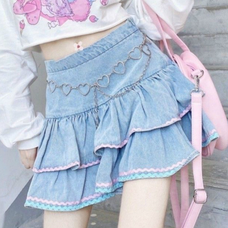 Denim Cake Skirt With Chain-L