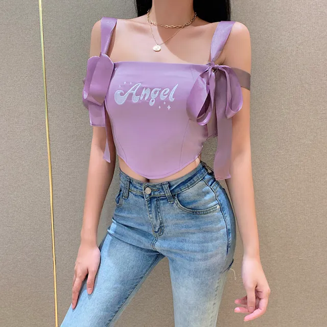 Butterfly Embroidered Camisole Cropped Slim Fit Knit Top Purple - Shop at LoveMi
