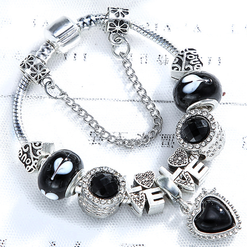 Boutique Diy Handmade Love IOVe Letter Bracelet Black Butterfly Beaded Inlaid Opal Peach Heart Pendant
