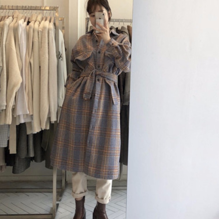 Korean Version Of The Autumn And Winter Retro Contrast Color Plaid Single-row Shirt Dress Woolen Jacket