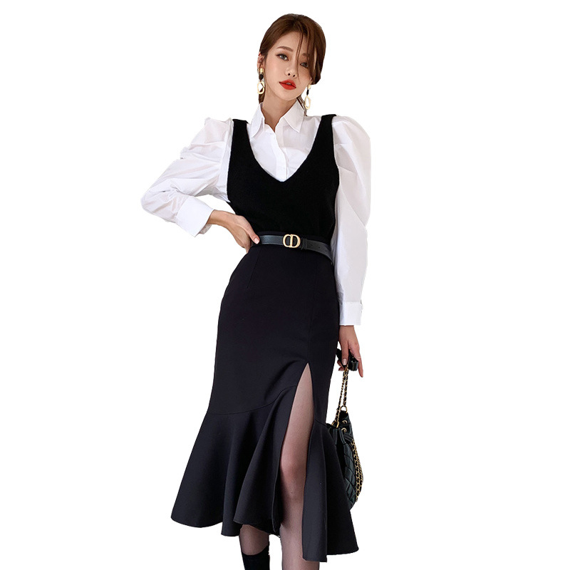 Slim Fit Package Hip Split Fishtail Vest Skirt Fashion Color Matching Suit