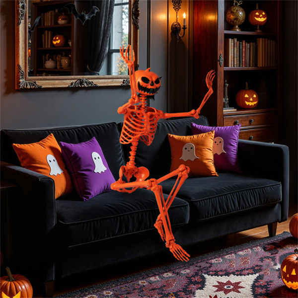 5.5ft Life-Size Halloween Skeleton with Pumpkin Head - Orange Color, Fully Poseable Joints (Jaw/Shoulders/Knees), PP+PE Material-14