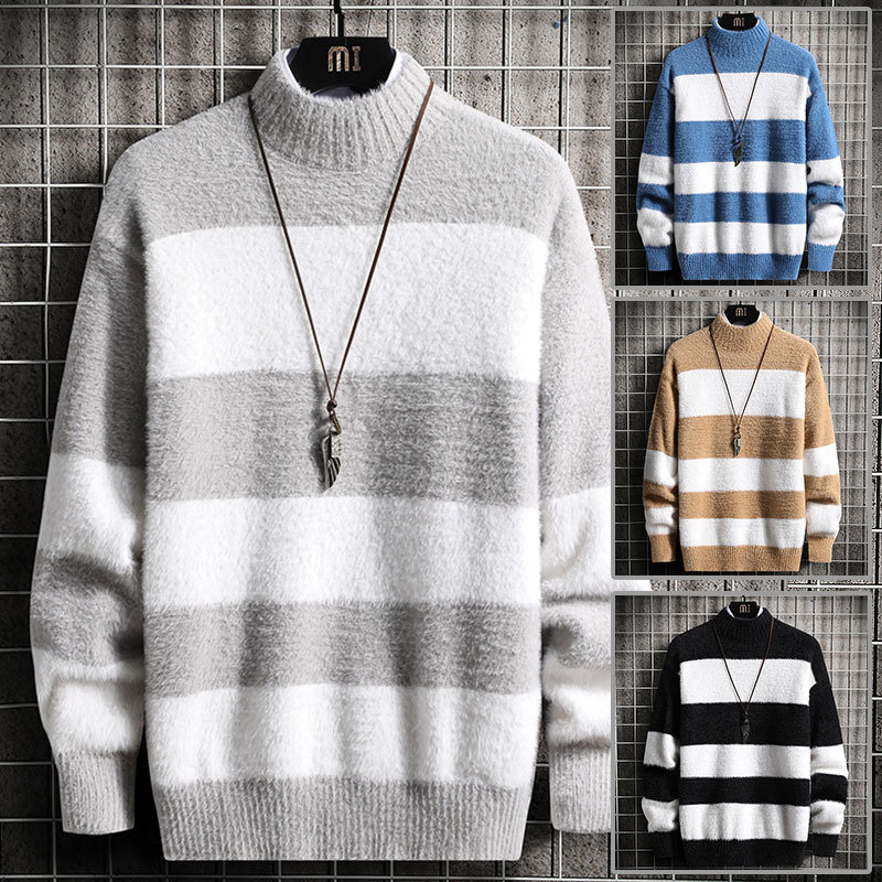 Fashionable Personality Color Matching Striped Half High Neck Loose Sweater