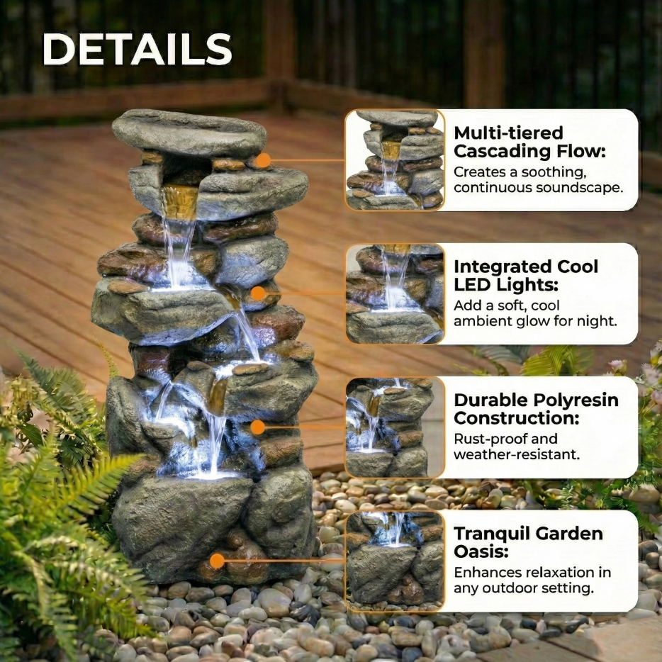 Outdoor Water Fountain Large - Stone Fountains With LED Light For Patio Yard Garden Backyard Decking Outdoor Or Entryway Decor 30inch — foto 4