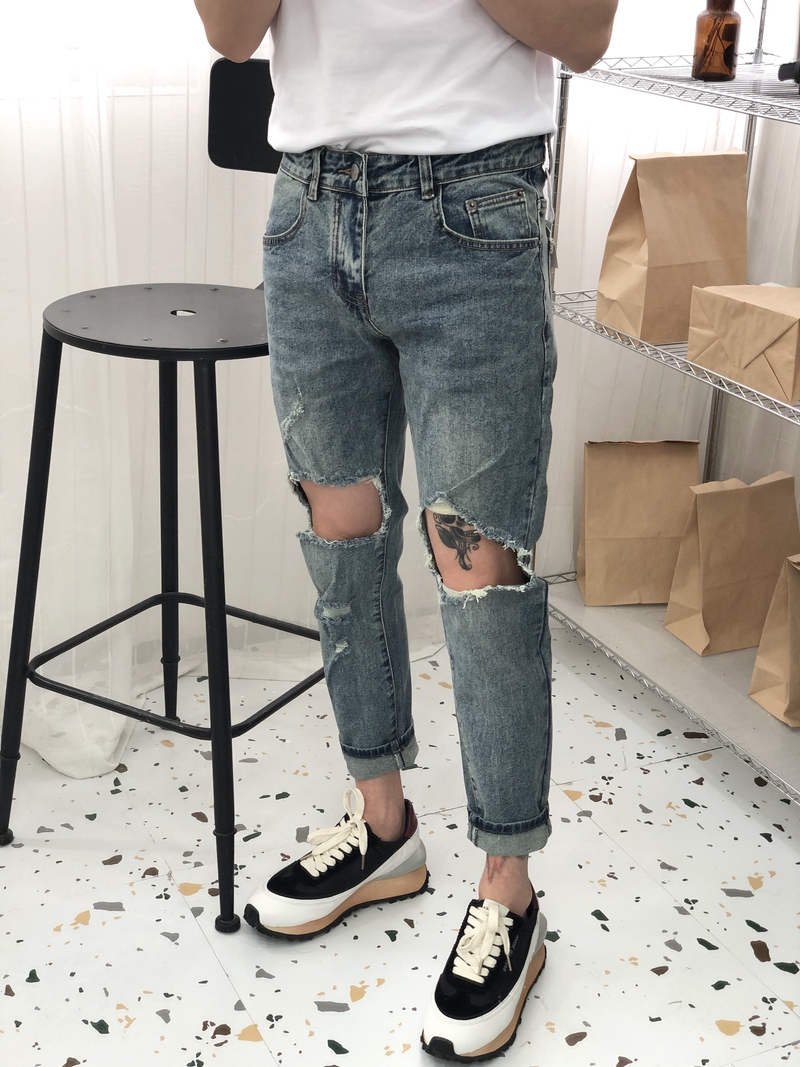Denim Cropped Pants Beggar Pants Men's Korean Style Ripped Hole