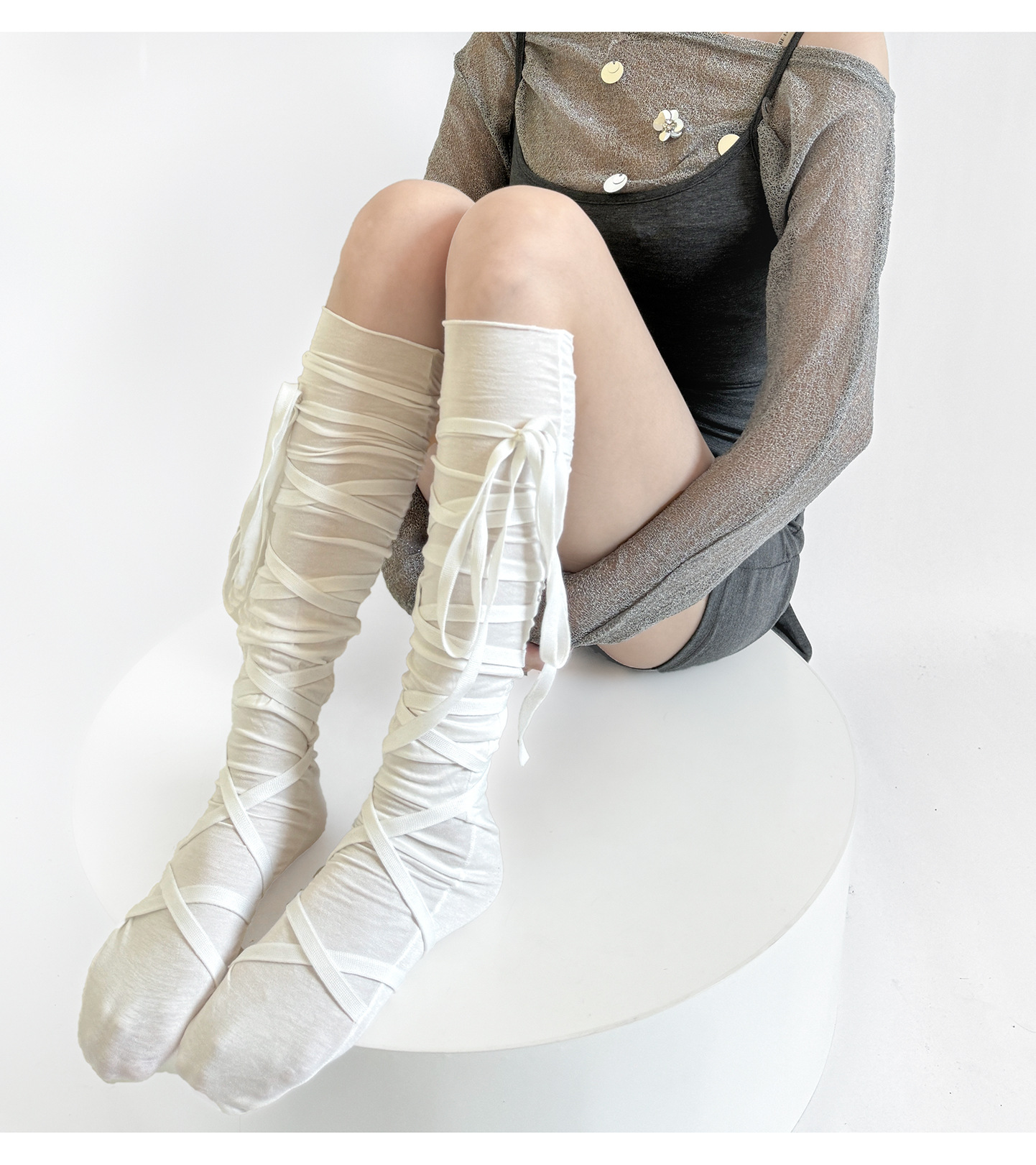 Women's Ballet-style Lace-up Bow Over-the-Knee Slouch Socks, Thin Sheer White Calf Socks