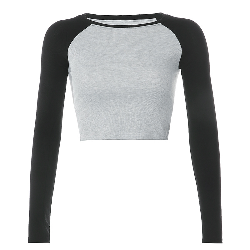Women's Long-sleeved Sexy Color Contrast Basic Solid Color Navel-bearing T-shirt For Women