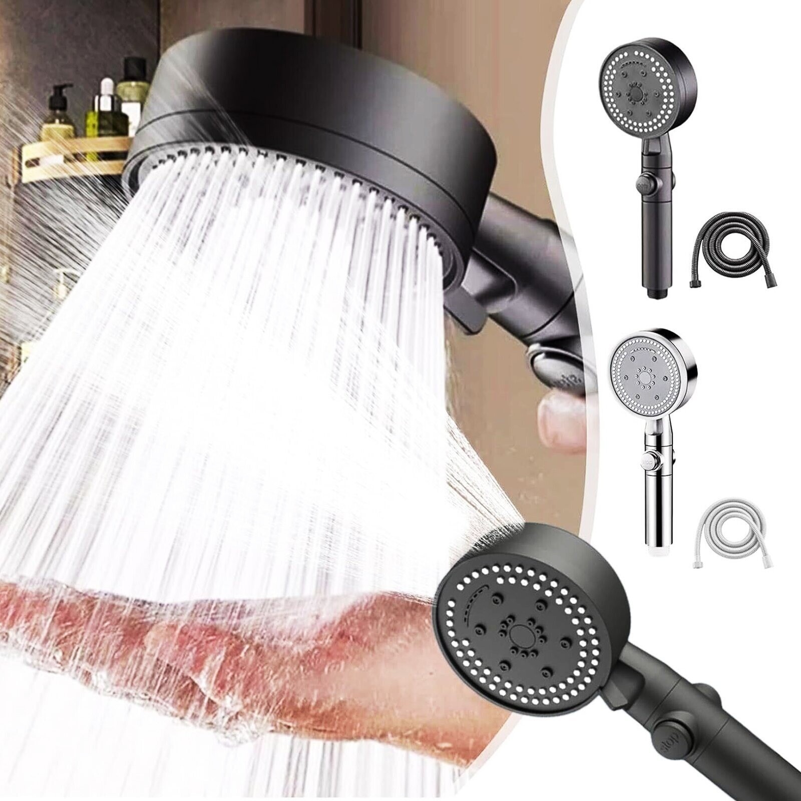 Bath Shower Head High Pressure 5 Mode Large Chrome Handset Heads Water Saving UK