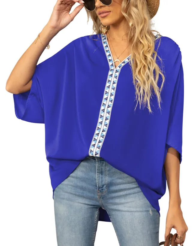 Summer Women's Bat Sleeve Chiffon V neck Shirt Dark Blue - Shop at LoveMi