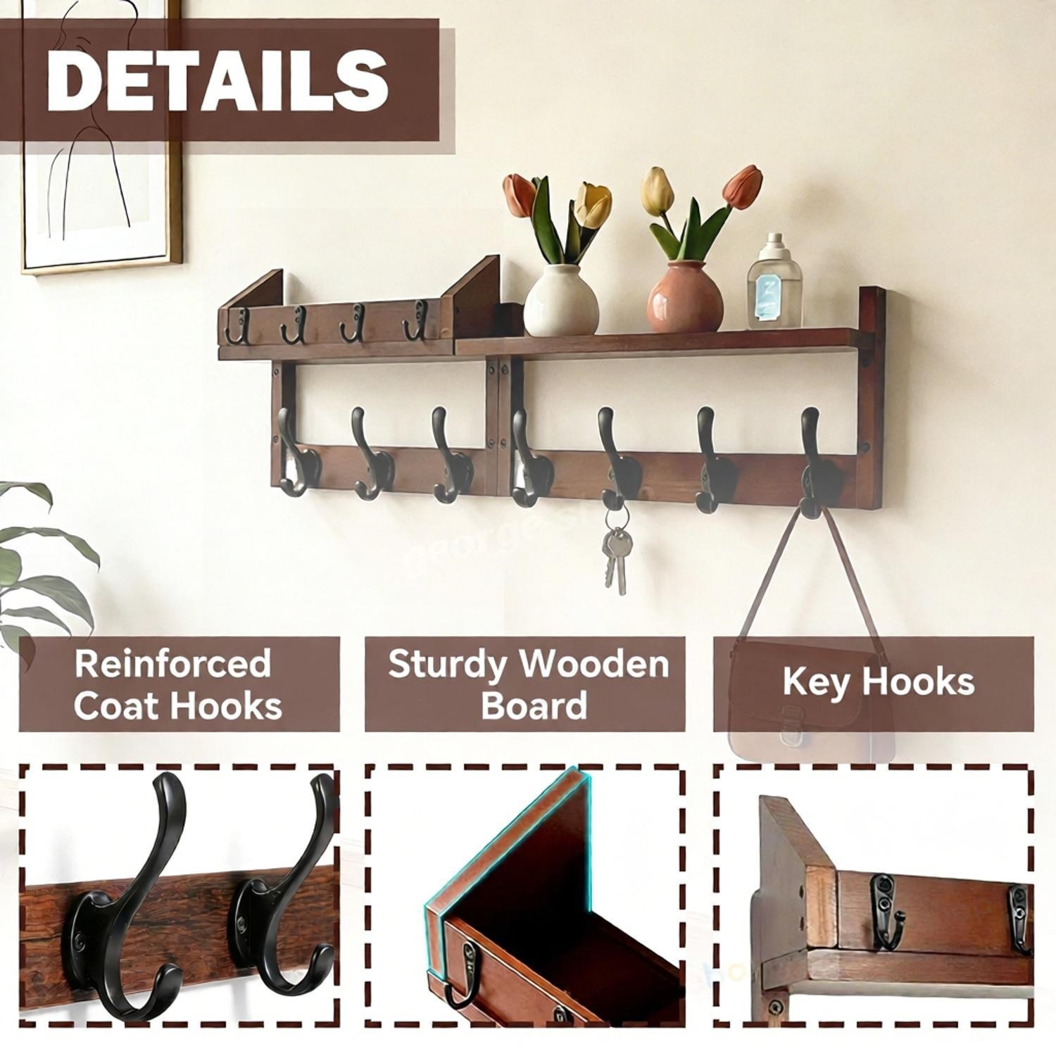 Coat Hooks Wall Mounted With Shelf Key Holder Mail Holder