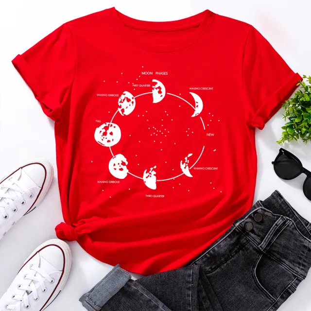 Cosmic Secret Print Loose Round Neck Short Sleeve T Shirt Women Red - Shop at LoveMi