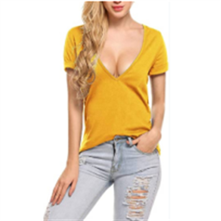 Summer New Women's Solid Color Deep V-neck Slim Sexy Women's T-shirt