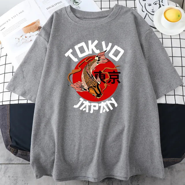 Printed T shirt Men's And Women's Summer Casual Round Neck Short Sleeves Light Grey - Shop at LoveMi