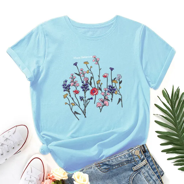 Women's Loose Round Neck Short Sleeve T shirt Women Light Blue - Shop at LoveMi