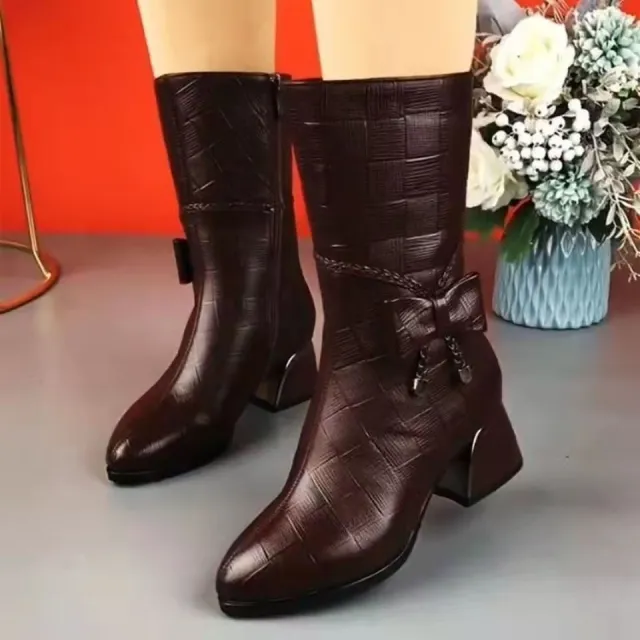 Ladies Casual Fashion Boots Round Toe Square Heel Side Zip Mid Boots Brown - Shop at LoveMi