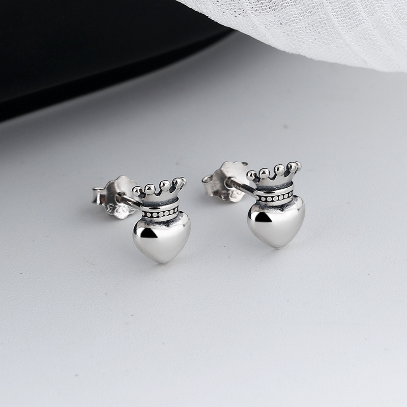 Vintage Love Crown Stud Earrings In Sterling Silver