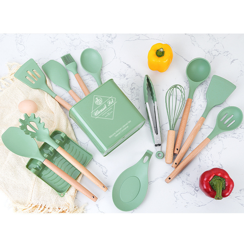 Title 8, 14-piece Silicone Kitchenware With Wooden Handle