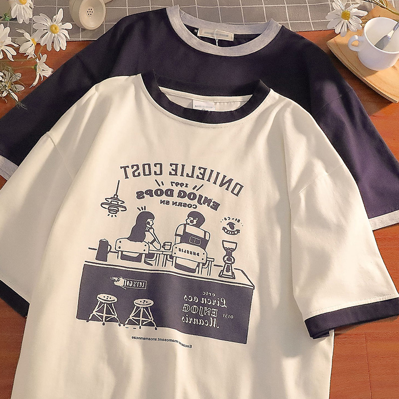 American Cartoon Fake Two-piece Short-sleeved T-shirt Women Summer Loose Korean Ins Tide Top