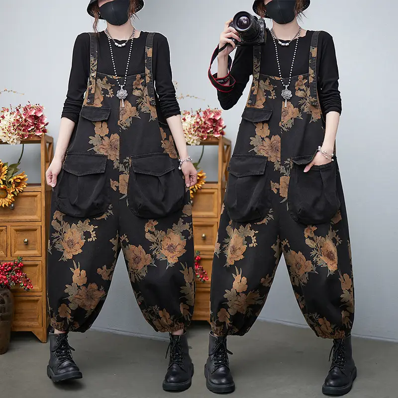 Slim Print Denim Overalls With Large Pockets