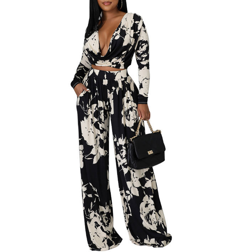 Title 3, Fashion Casual Print Set with V-neck and Long S...