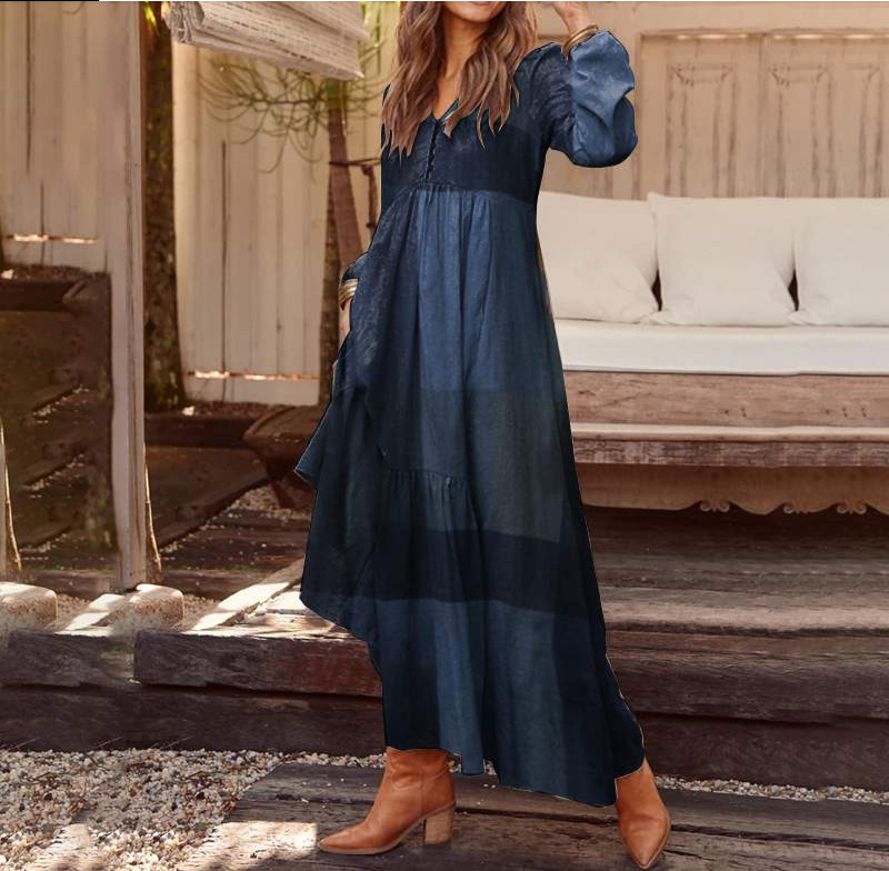 Autumn And Winter V-neck Concealed Long Puff Sleeve Retro Folk Style Loose Big Swing Dress