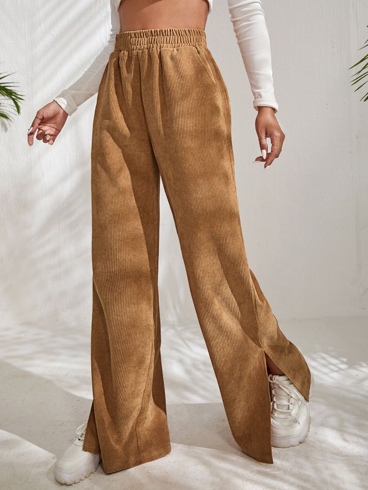 Women's High Waist Casual Pants Solid Color Corduroy Stitching Slit Hem Trousers