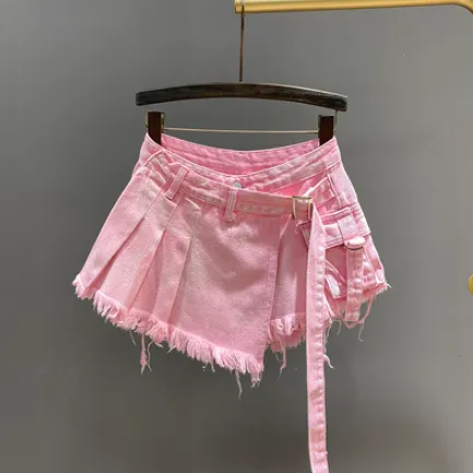 Irregular Denim Culottes Women's High Waist Fake Two Pieces Pink - Shop at LoveMi