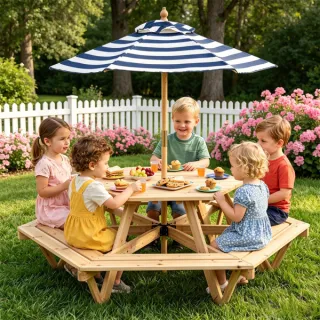 6-Seat Hexagonal Kids Picnic Table With Umbrella, Solid Fir Wood Outdoor Table & Bench Set For Backyard Garden, Age 3-8
