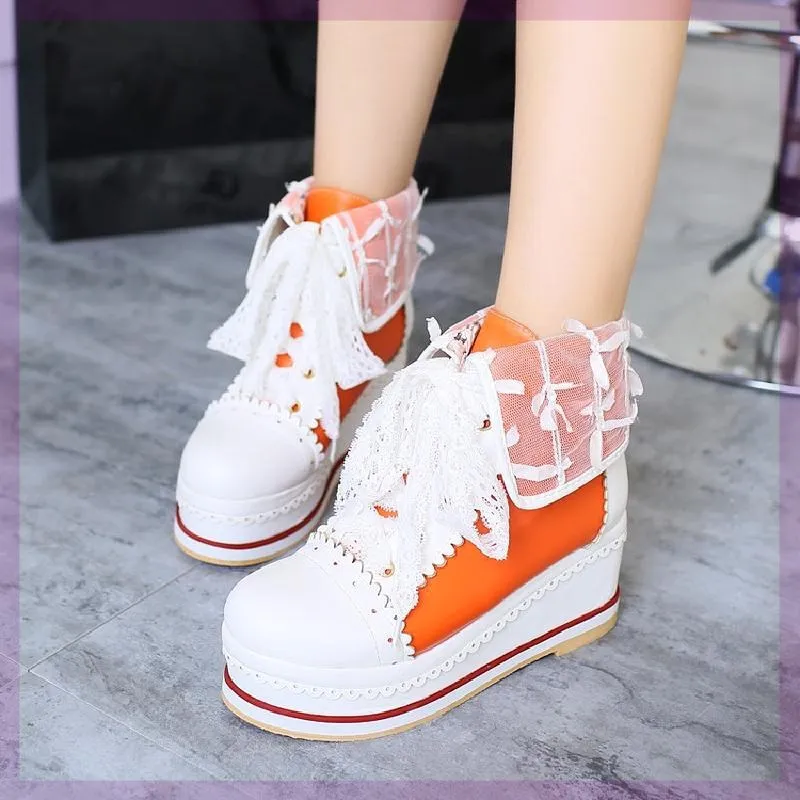 Foot Curb Lace Lace-up Colour Block Wedge Platform Ankle Boots - Orange