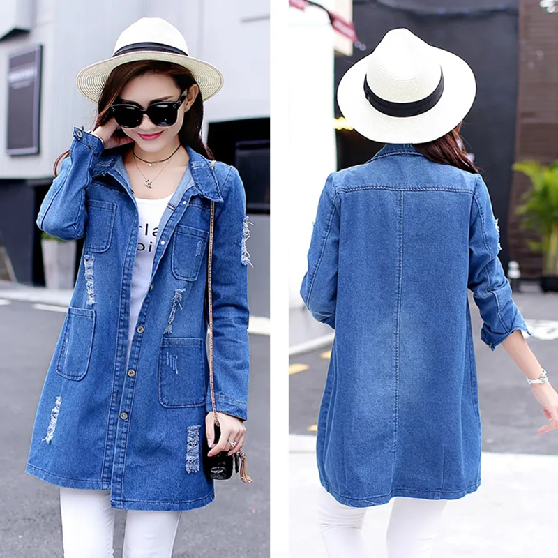Women's Loose Ripped Mid-length Denim Jacket